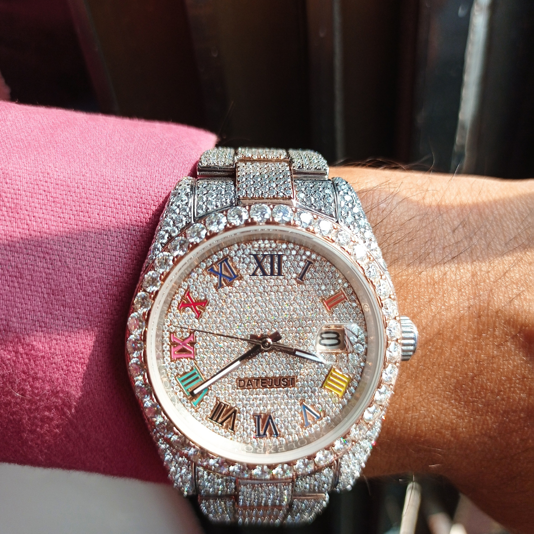 Multi Colored Numericals Fully Iced Out Moissanite Watch Rainbow Luxury Watch/ Men Luxurious Premium Branded Moissanite Watch