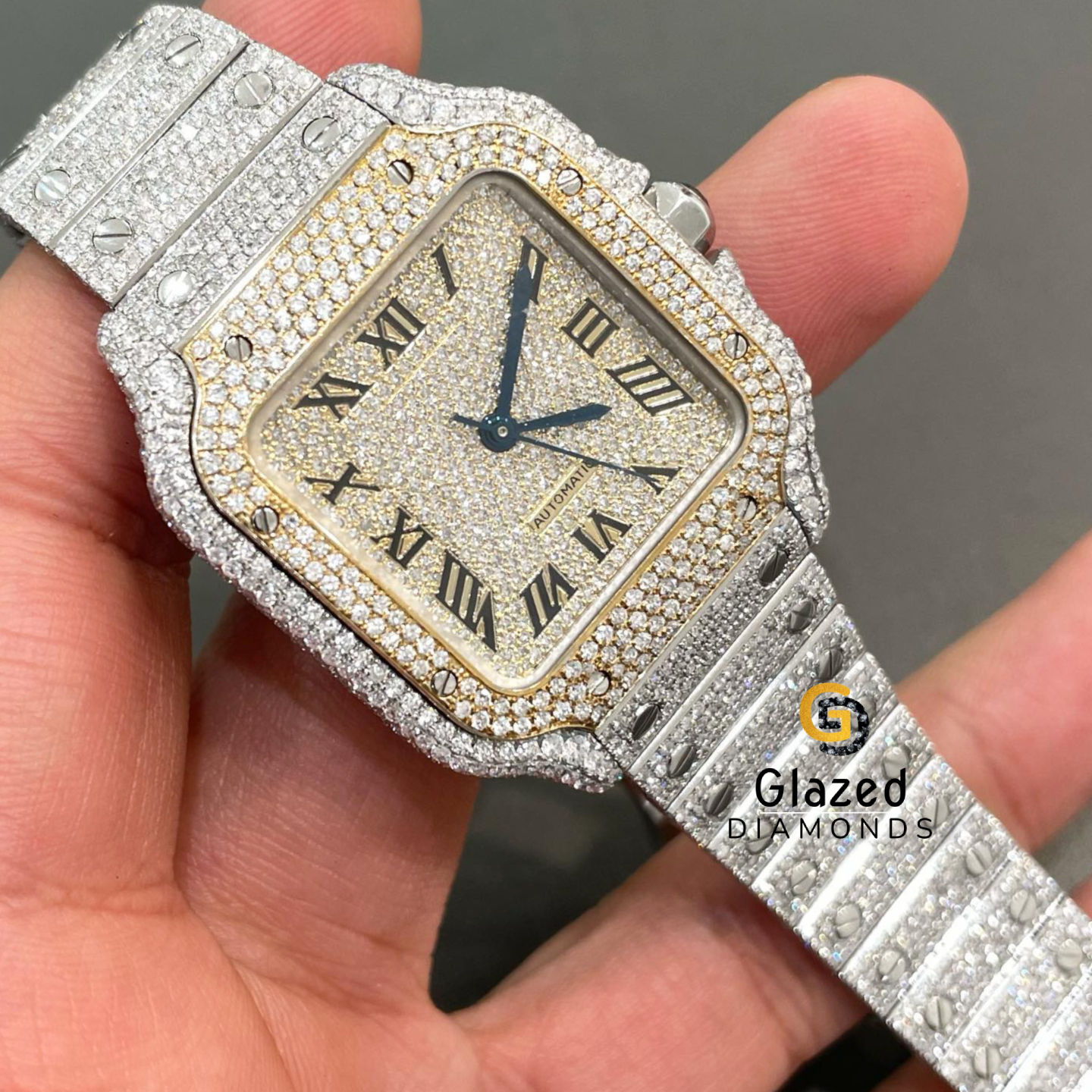 Luxurious Hip Hop Jewelry Made In Round Brilliant Cut Moissanite Diamonds And Stainless Steel Trendy Wrist Watch For Men