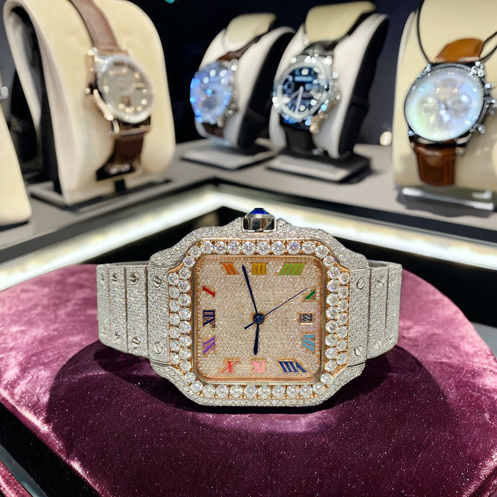 Premium VVS Iced out White Moissanite Diamond Bezel Luxury Custom Watch for Men, square dial Hip Hop Style for Bust down watch