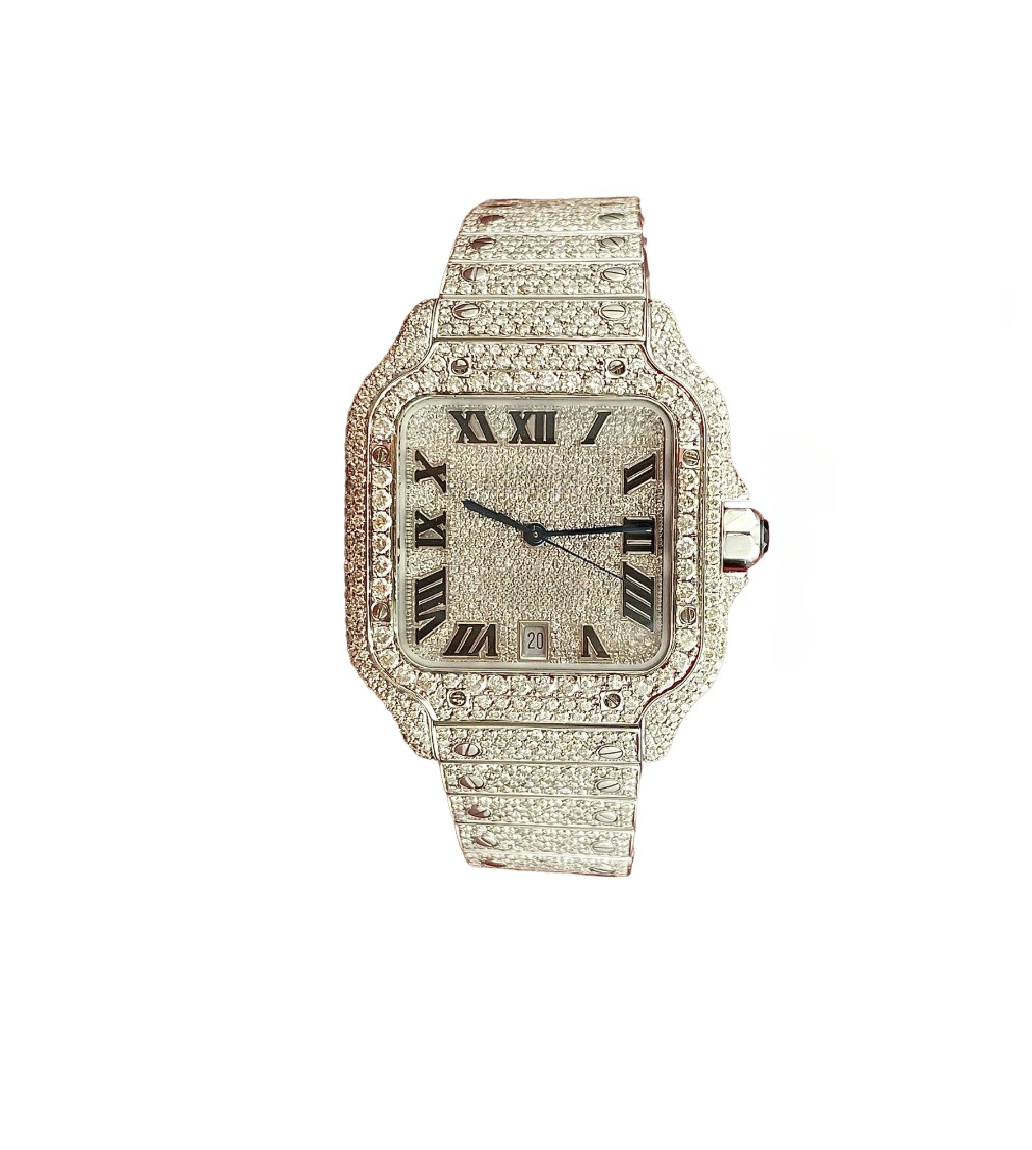 Roman Dial Bling-ed Out Adjustable Band Quartz Movement Silver Tone Finish Men's Fully Iced Out Square Diamonds Watch & Jewelry