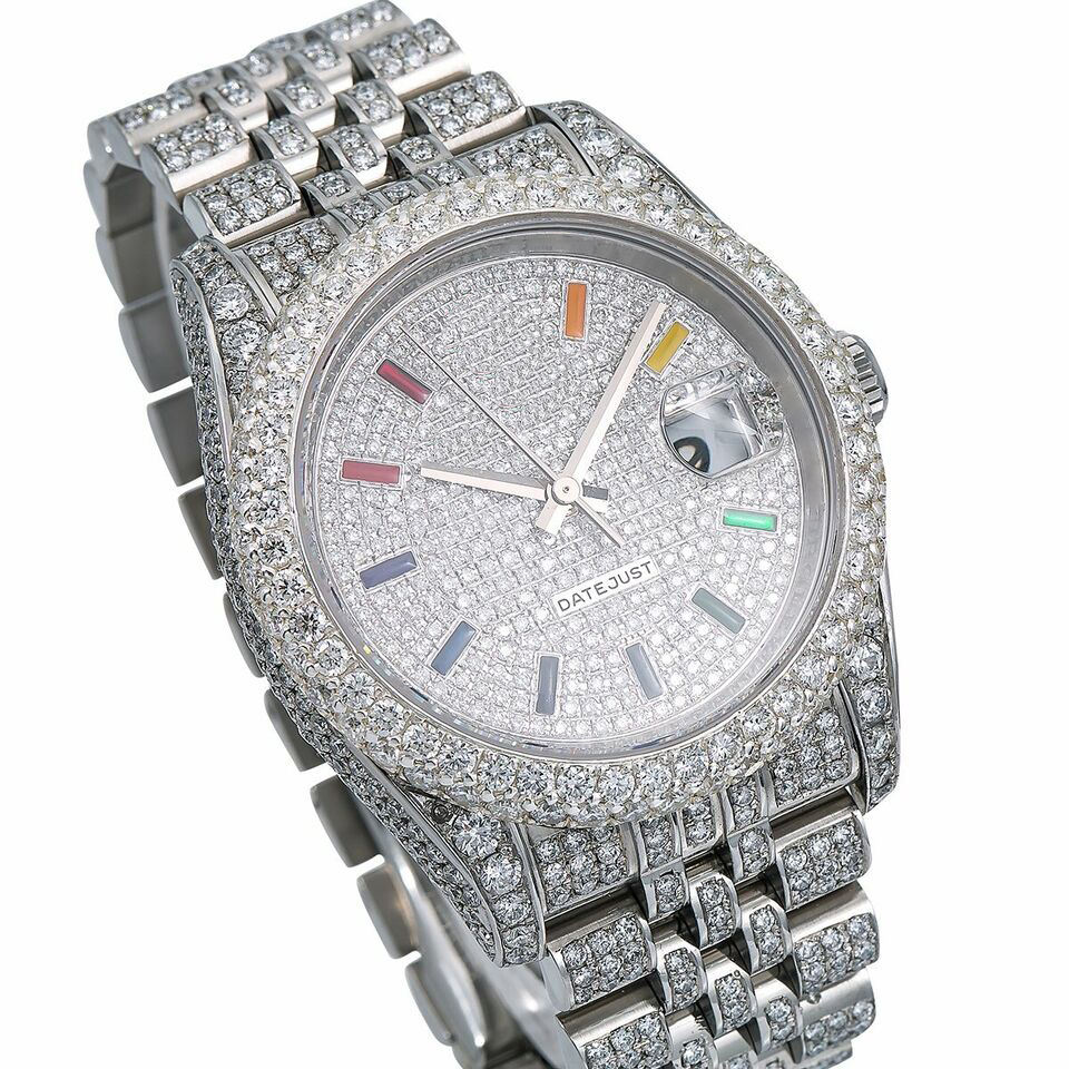 Stylish White Blue Moissanite Fully Iced Out Watch Automatic Hip Hop Watch With Roman Numerals and Date Dial from India