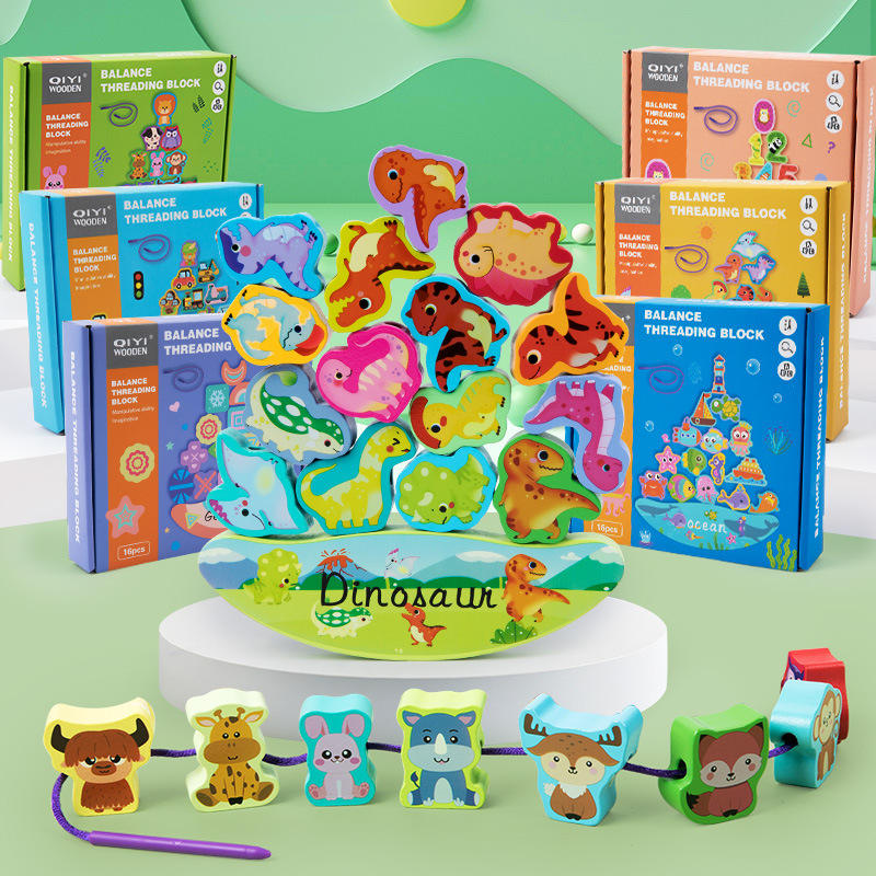 Educational Animal Threading Toys for Kids Montessori 3D Cognition Game Children Early Learning Wooden Balance Building Blocks