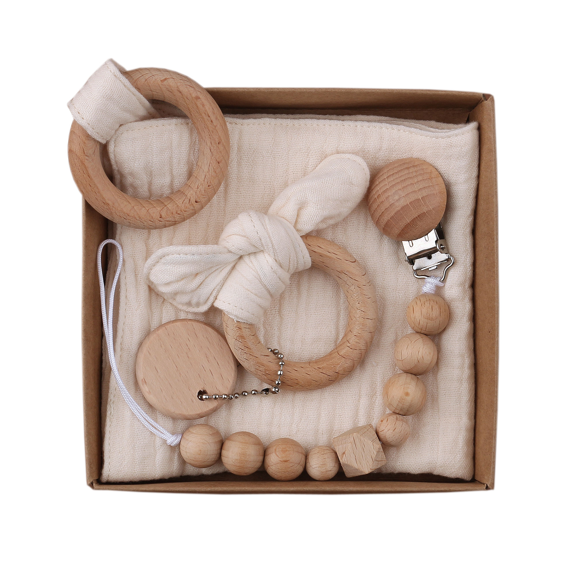 Promotional Baby Teething Wood Pacifier Clip Chain Cotton Cloth Baby Wooden Teething Toys Three Piece Suit