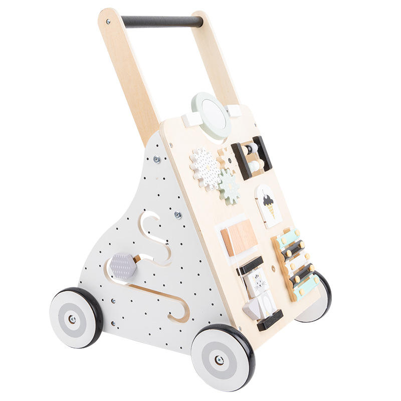 Custom Children Wooden Baby Walker Exercise Cart Activity Buby Board Educational Trolley Walking Toys For Kids