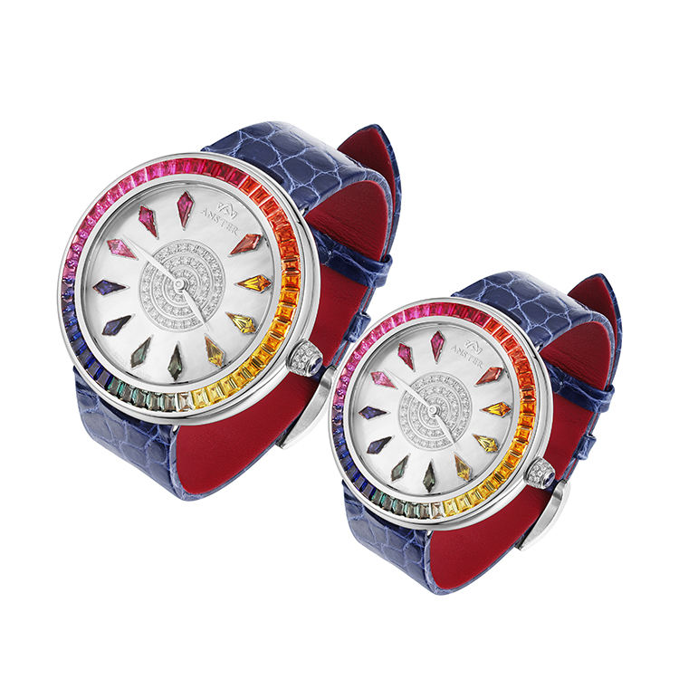 ANSTER Custom Logo Gradient Color Gemstone Moissanite Studded Watches With Leather Belt