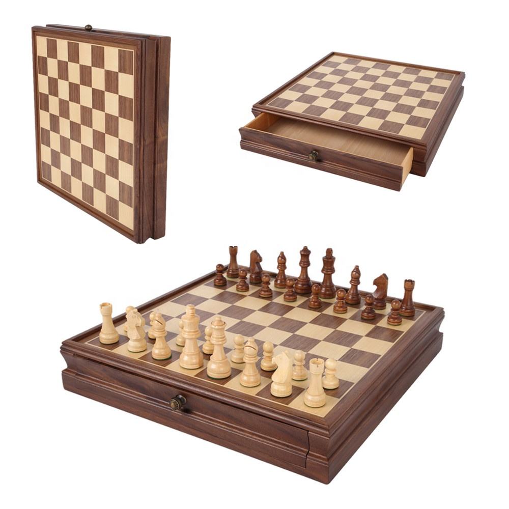 Popular wooden toy board games High-end magnetic board with drawer to store chess and checkers