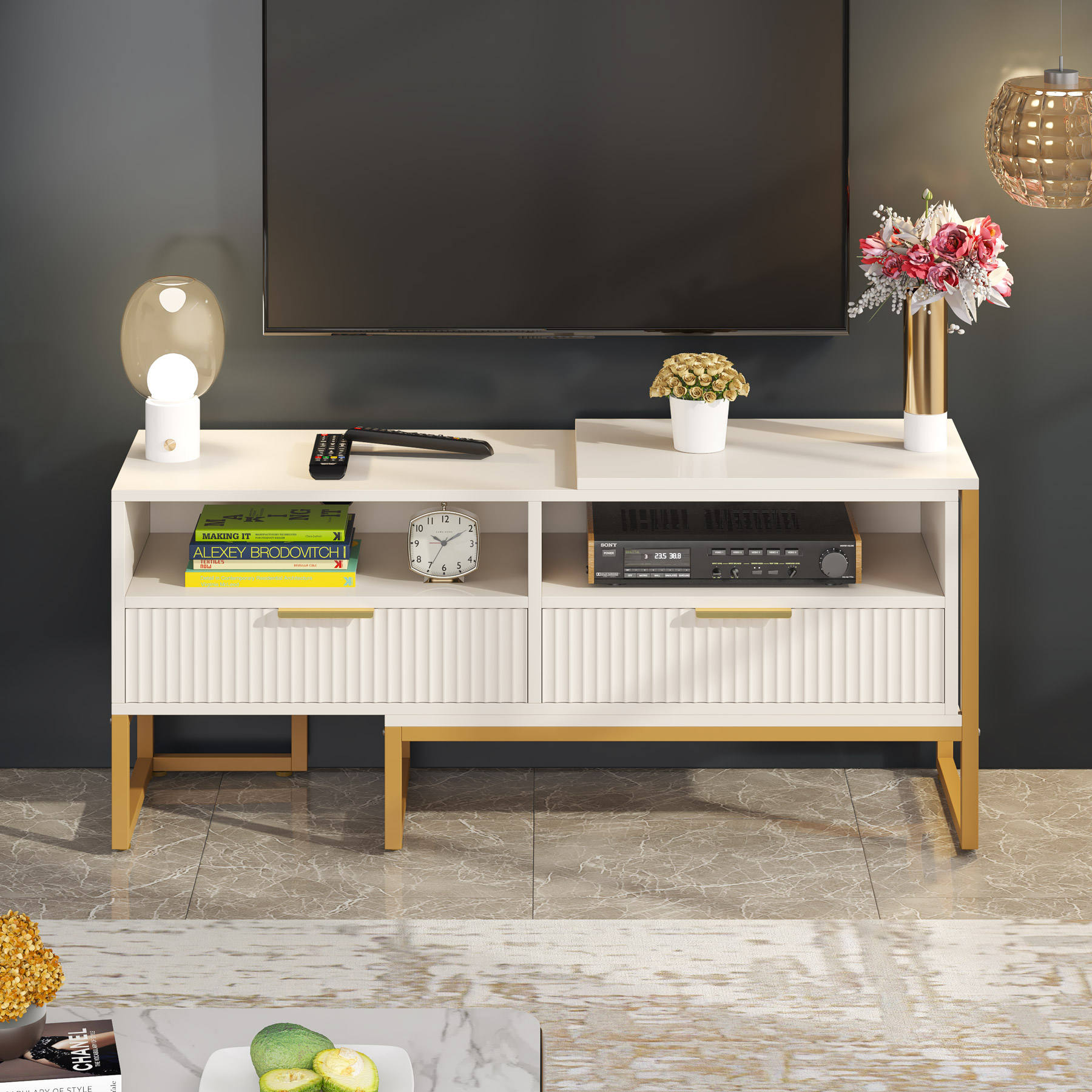 Home Decor White And Gloden Designs Wooden TV Stand Modern Luxury 2023