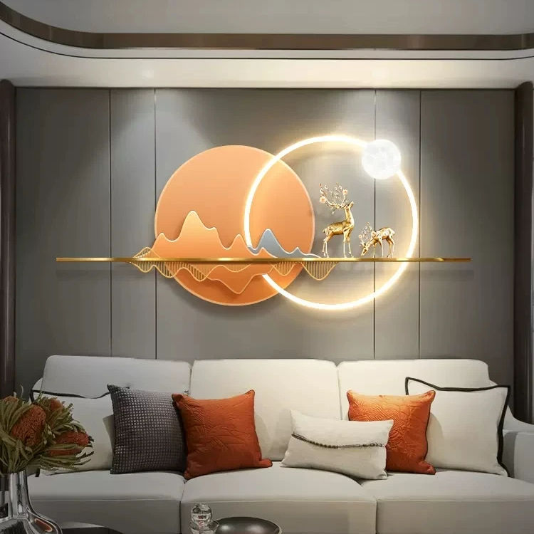 Home Living Room Decors Modern Style Large 3D Metal Gold Luxury Wall hanging LED light Decorations