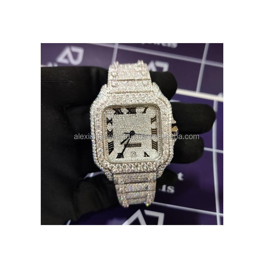 Luxury Bling Hip Hop Fully Iced Out Watches Silver Dial Quartz Diamond Watches Men Wrist moissanite watch for men