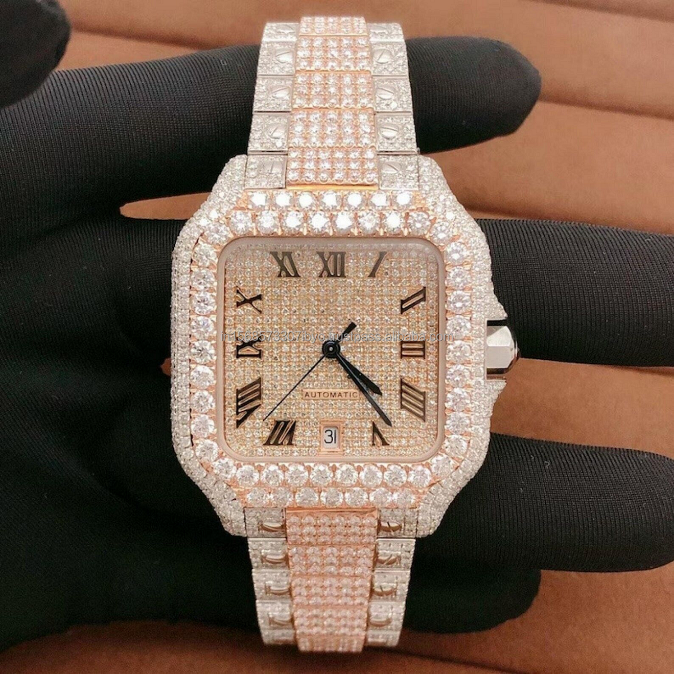 Two Tone Rose Gold Silver VVS certified Moissanite trending premium diamond watch for men and women Hip Hop Watch