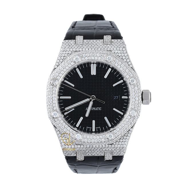 Hot Selling Bling Bling Iced Out Moissanite Diamond auto date Stainless Steel Black Dial Professional Men's Quartz Watch