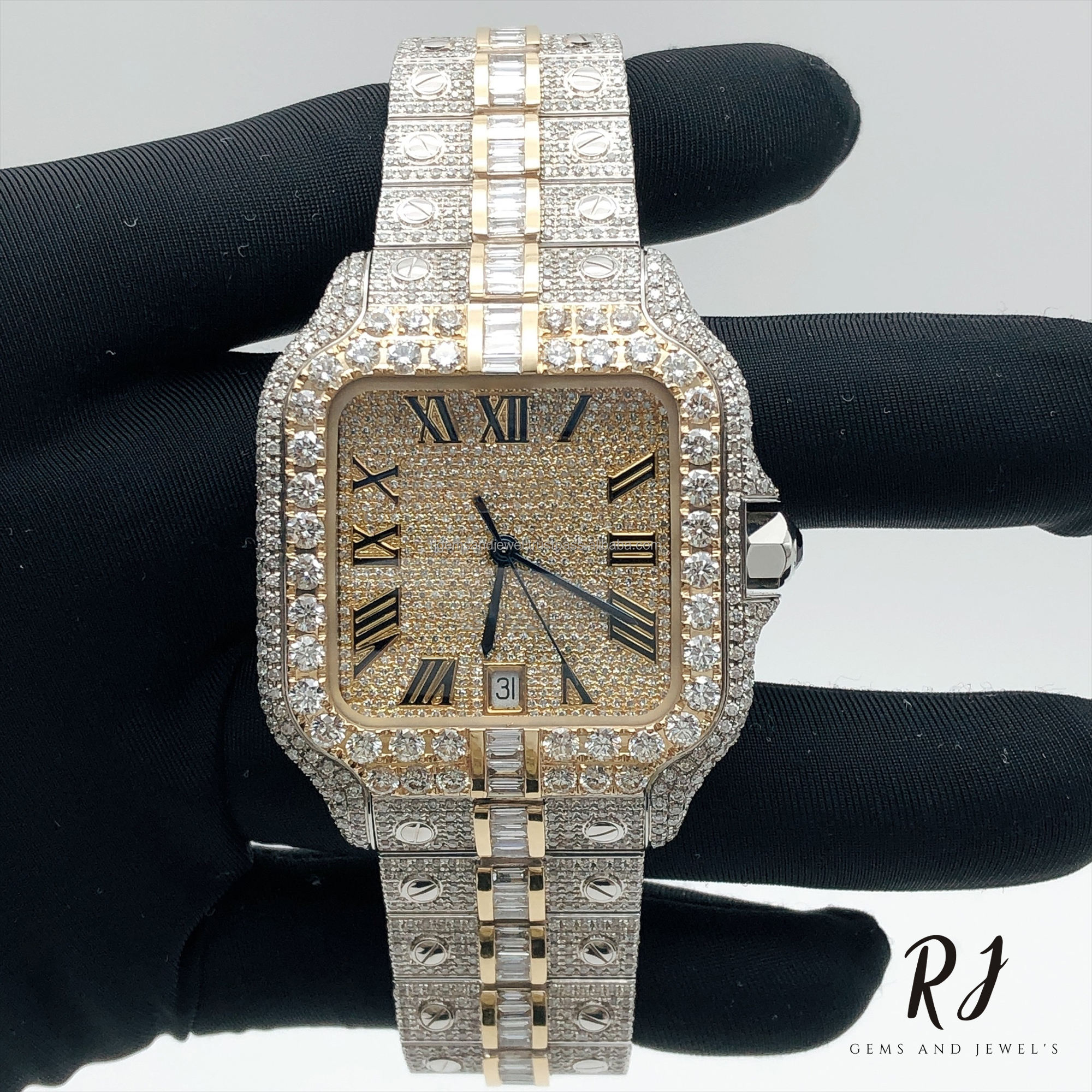 Customized Iced Out Moissanite Hip Hop wrist Watch Exclusive Round cut & Baguette Diamond watch For Mens