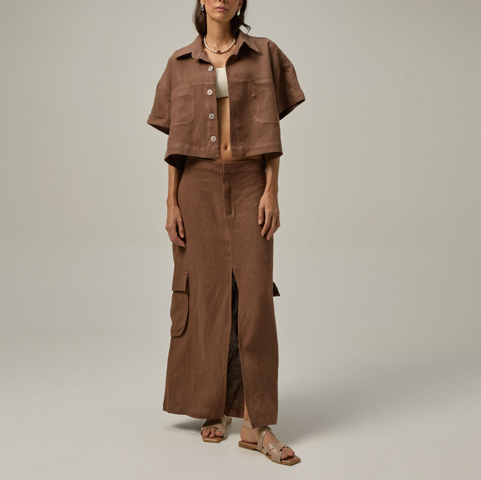 High Quality Custom Stylish Women Linen Set Corpped Linen Short Sleeve Shirt Cargo Multi Pocket Linen Long Skirts Set 