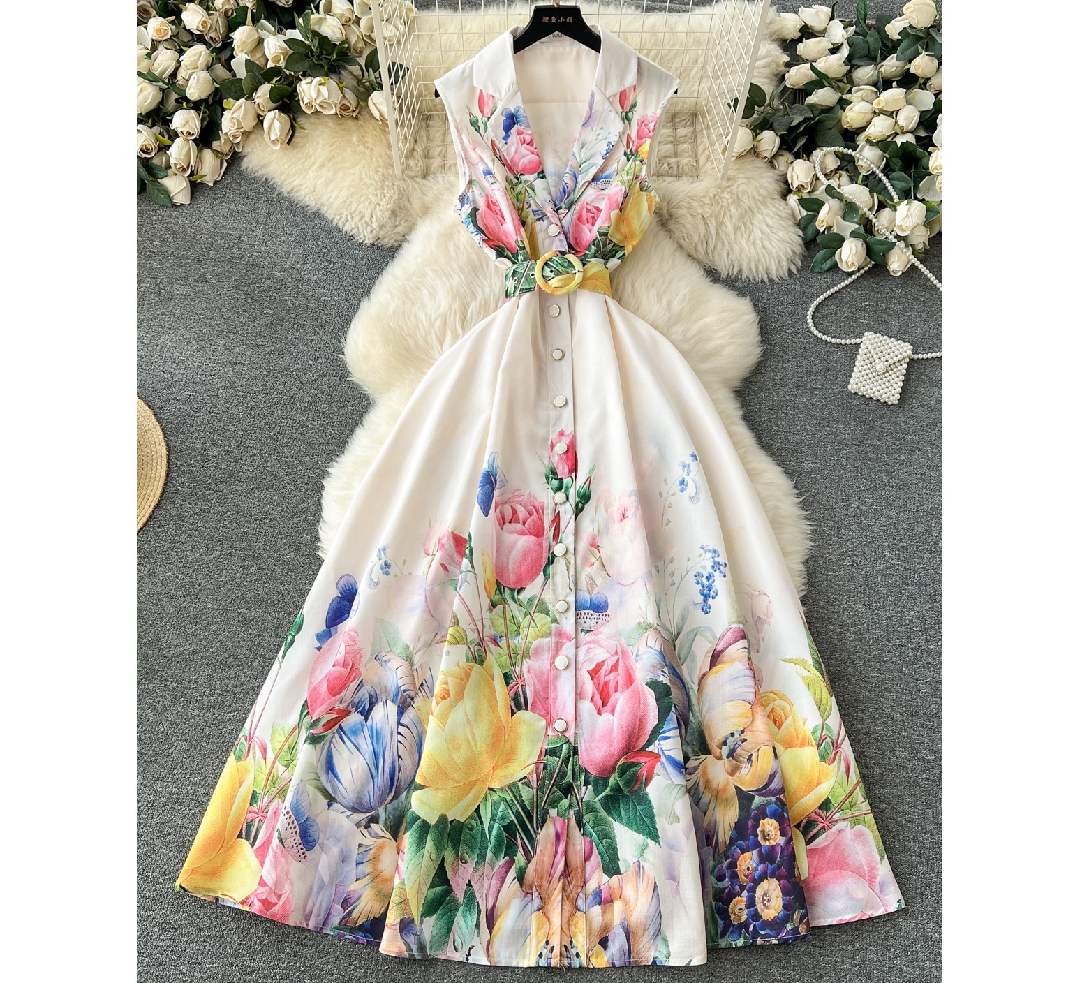 Wholesale 2024 Spring/summer Temperament Sleeveless Suit Collar Waist Single Breasted A-line Printed Women&#39;s Dresses 