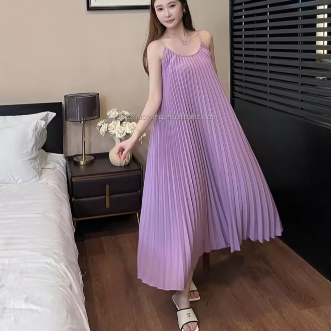 Clothing Manufacturers Custom Summer Fashion Casual Women&#39;s Clothing Loose Sling Pleated Long Dress For Women 