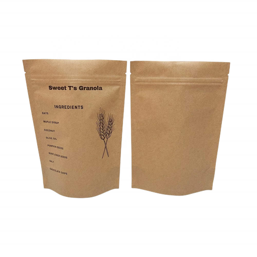 Customized Brown Kraft Paper Stand Up Zipper Resealable Food Storage Doypack Packaging Stand Up Pouches 