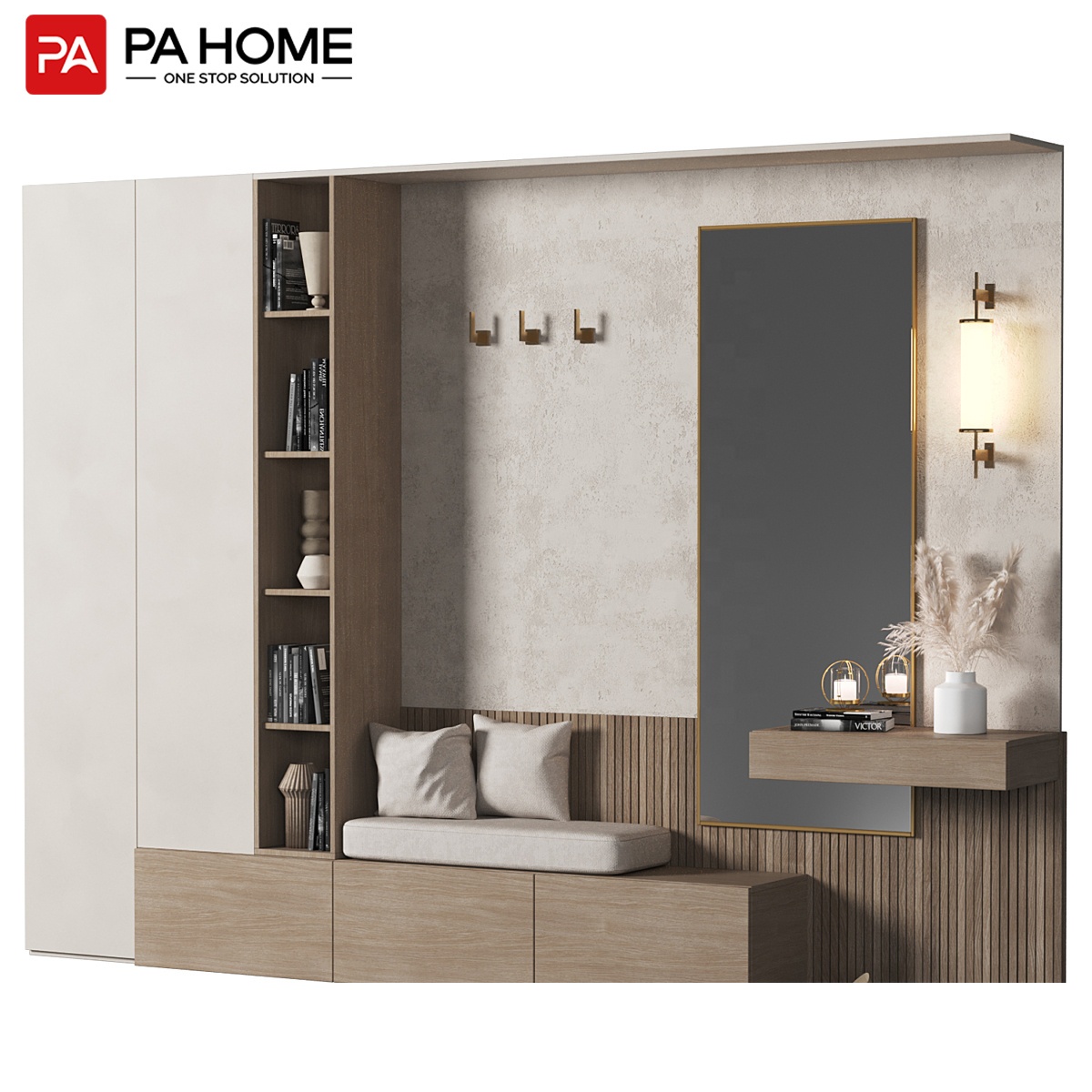 Pa Modern Wooden Luxury Hallway Mirror Furniture Storage Smart Shoe Rack Cabinet 