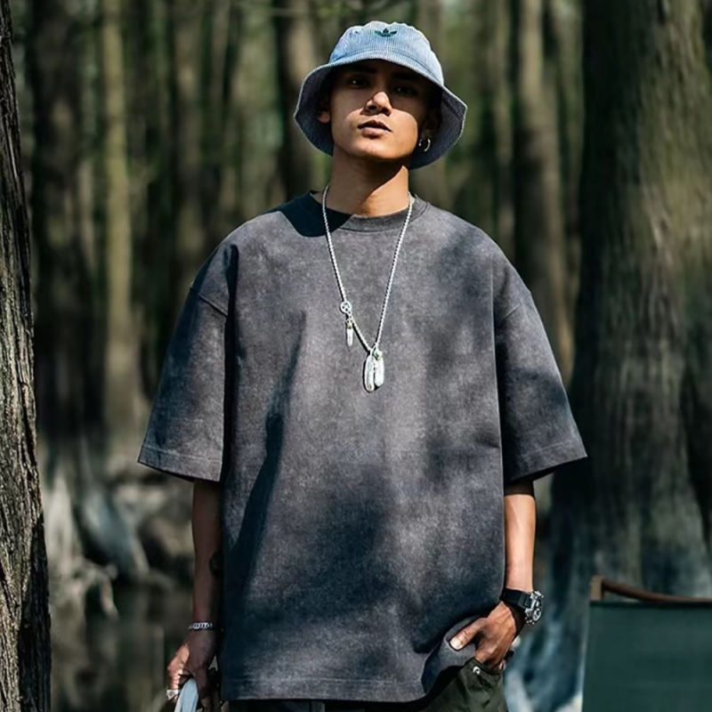 Oem Wholesale Men&#39;s Washed Tee Heavy Weight Black Graphic T-shirt Acid Wash Vintage Custom T Shirt For Men 