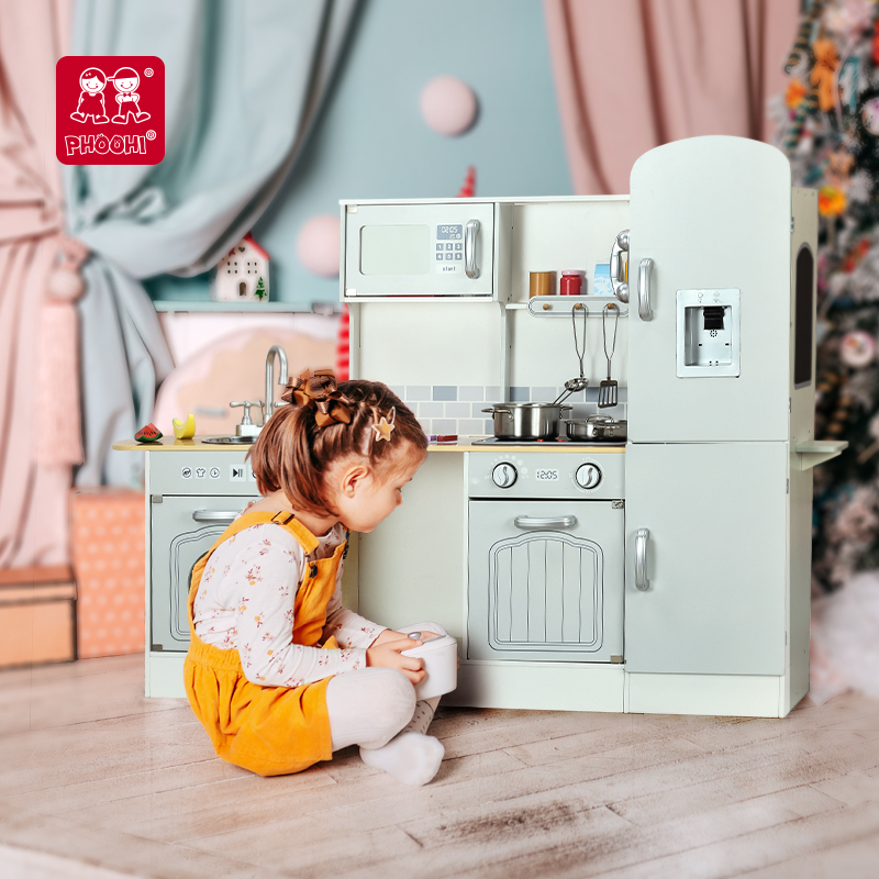 Unique Style Children Play Shiftble Big Blue Wooden Kitchen Set Toy For Kids 3+ 