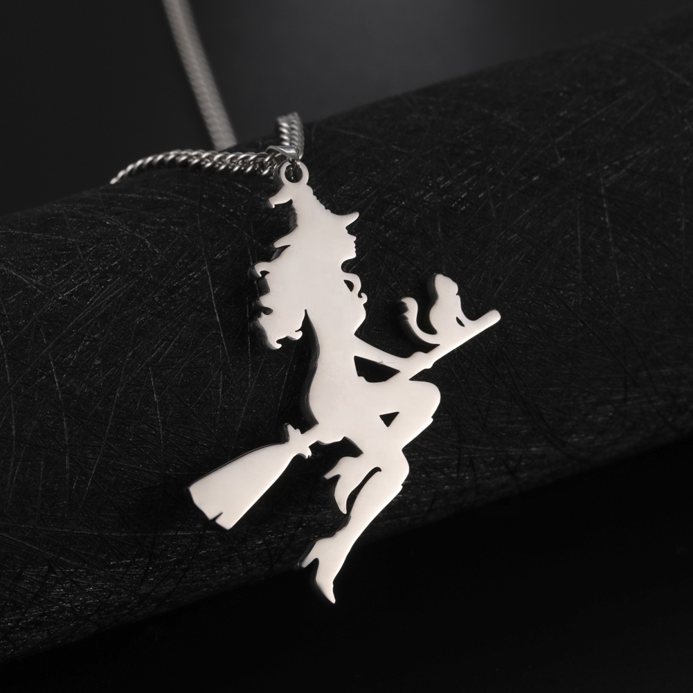 Flying Witch With Cat Riding A Broom Stainless Steel Pendant Necklace For Men Women Birthday Halloween Party Jewelry Gift 