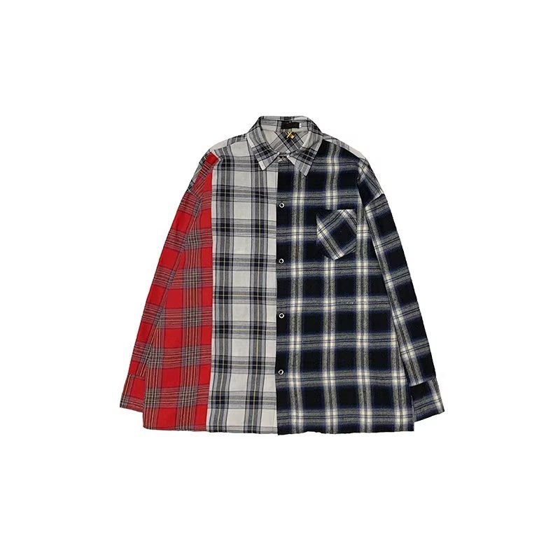 High Quality Autumn/winter Men&#39;s Casual Color Blocking Contrast Color Loose Hip Hop Handsome Long Sleeve Plaid Shirt 