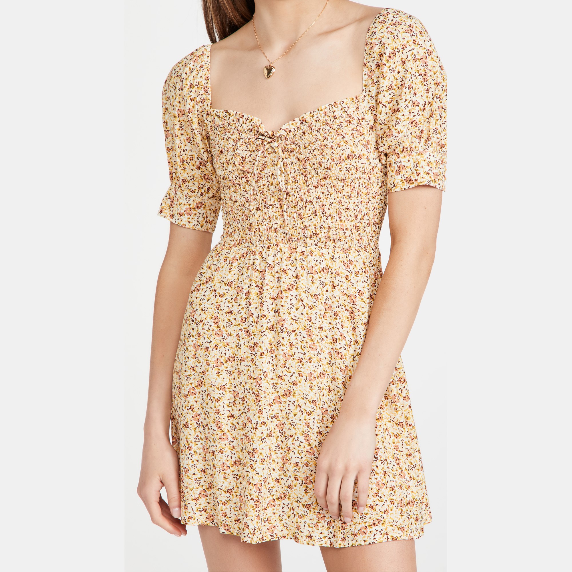 Smocked Vestido Casual Front Bow Short Puff Sleeve A-line Mini Floral Casual Dress Women 