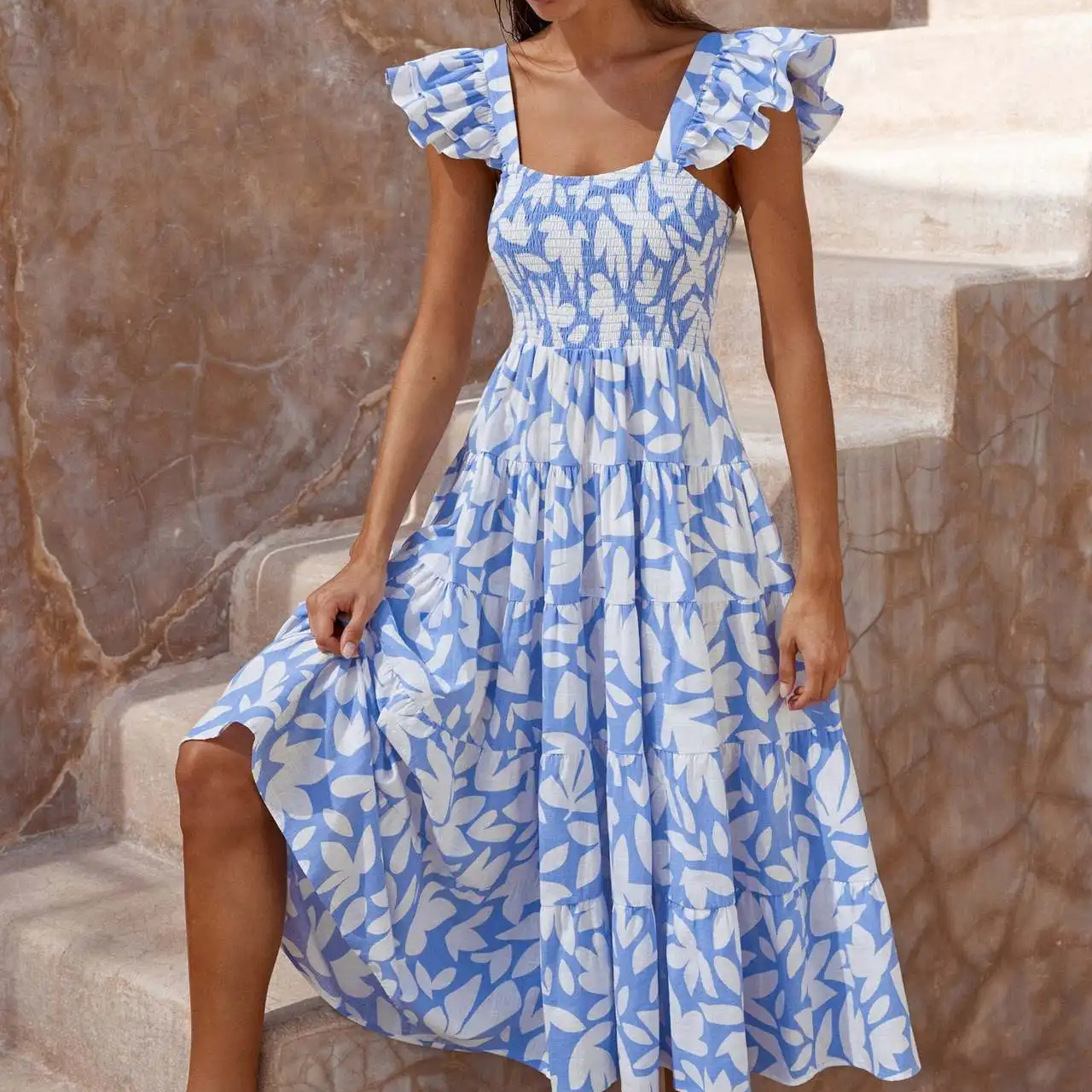 Bohemian Dress Short Sleeve Square Collar Maxi Dress Women&#39;s Floral Print 2024 Summer Clothing Woman Digital Printing 