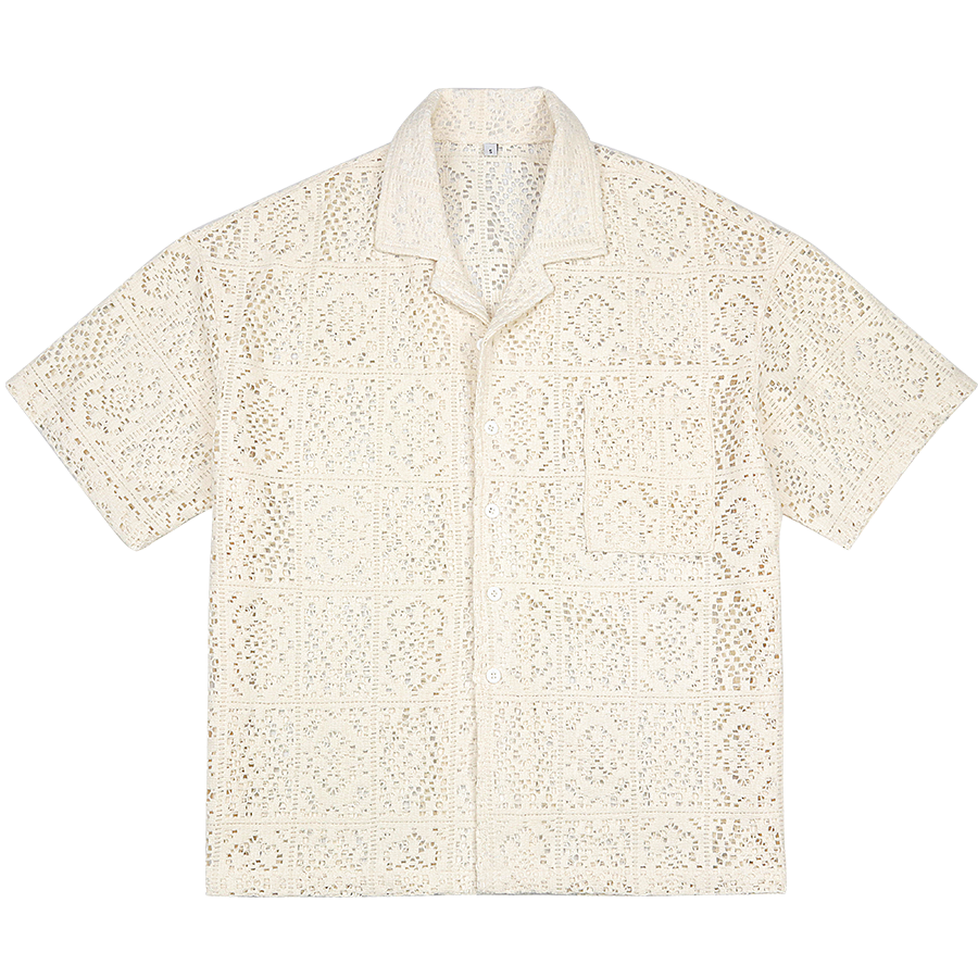 Summer Clothing Casual Texture Crotchet Button Up Lace Shirt Custom Mens Fashion Short Sleeves Crochet Knit Shirts For Men 