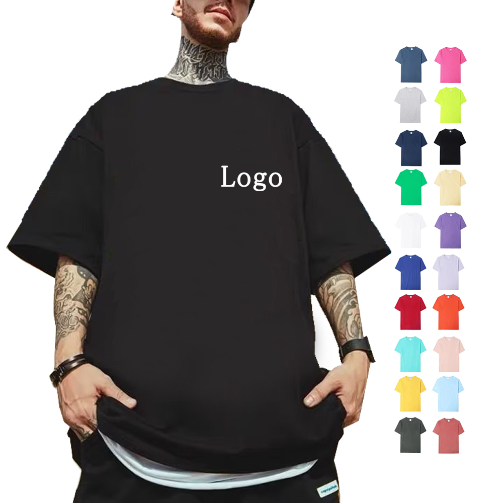 Custom Logo Screen Print Shirt Customized Unisex Logo Bulk Drop Shoulder Heavyweight 180 250 Gsm 100% Cotton Thick Black T Shirt 