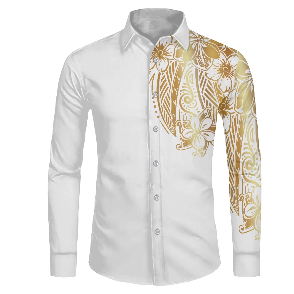 2022 New Arrival Fashion Men&#39;s Casual Shirts White Polynesian Tribal Shirt With Golden Samoa Tattoo Printed Oem Shirt For Men 