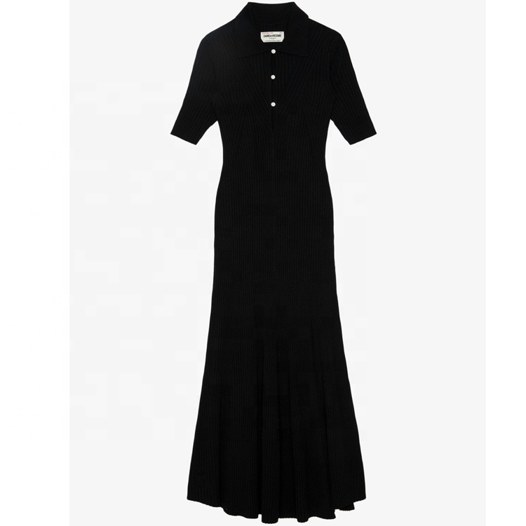 Knitwear Manufacturer Custom Black Polo Collar Short Sleeved Women Ribbed Knit Sweater Midi Dress 