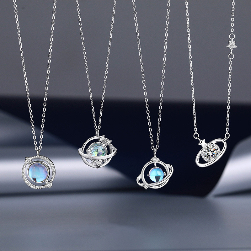 Fashionable 925 Sterling Silver Moonstone Planet Asteroid Women&#39;s Pendant High Jewelry Necklace 