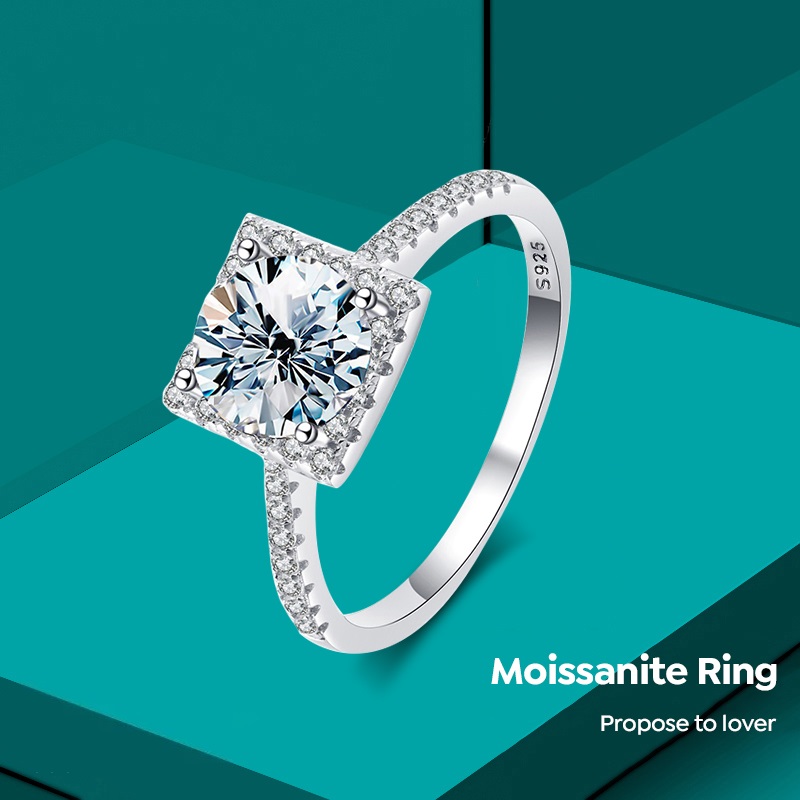 Luxury Real Diamond Gemstone Square Moissanite Ring 925 Sterling Silver 1ct Carat White Gold For Women Engagement Fine Jewelry 