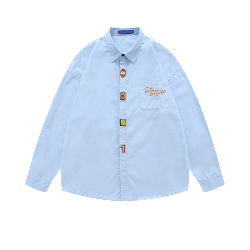 Japan Style Plus Size Men&#39;s Solid Color Embroidery Logo Long Sleeve Shirt 