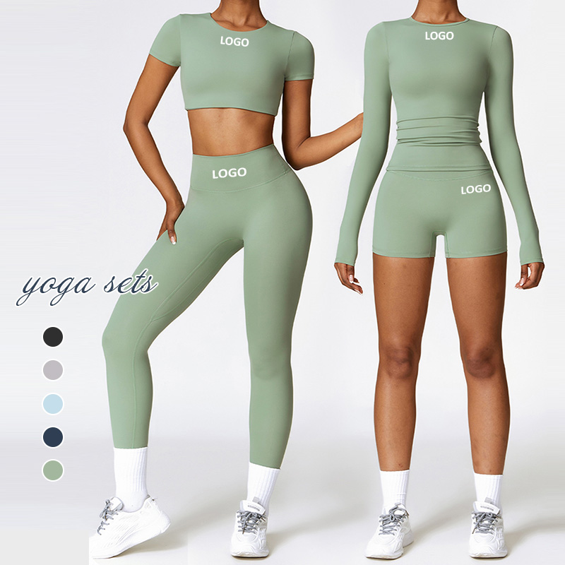 Tz8519 New Brushed Yoga Sets For Women 2 Piece Long Sleeve Crop Top Active Wear Outfits Women&#39;s 4 Piece Workout Outfits 