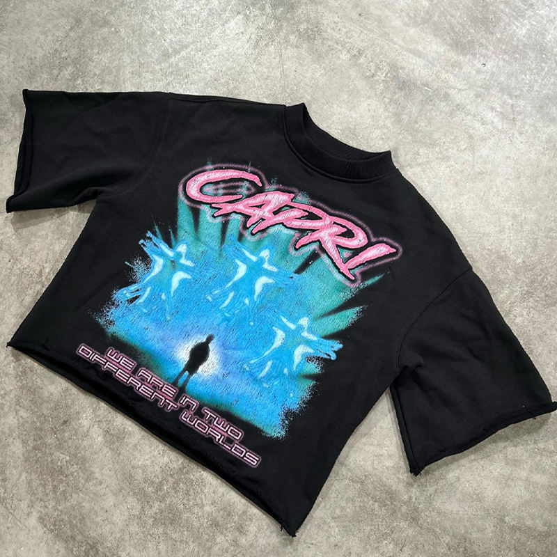 Oem Custom Graphic Boxy Cropped Cotton Casual Thick Neck Streetwear Vintage Oversized Men&#39;s T Shirt 