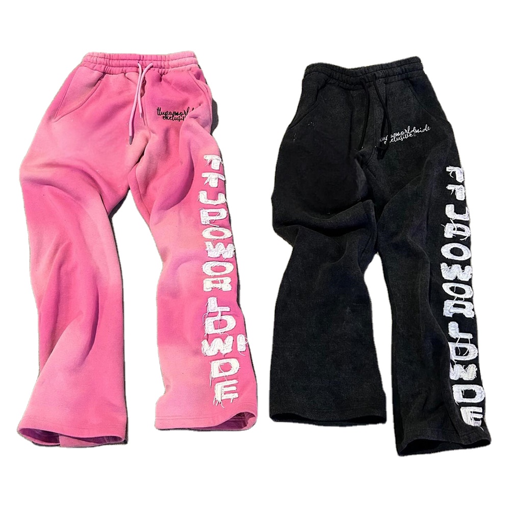 Custom Streetwear Sweatpants Men 100% Cotton Acid Washing Flare Sweat Pants Heavyweight Patch Embroidery Trackpants 