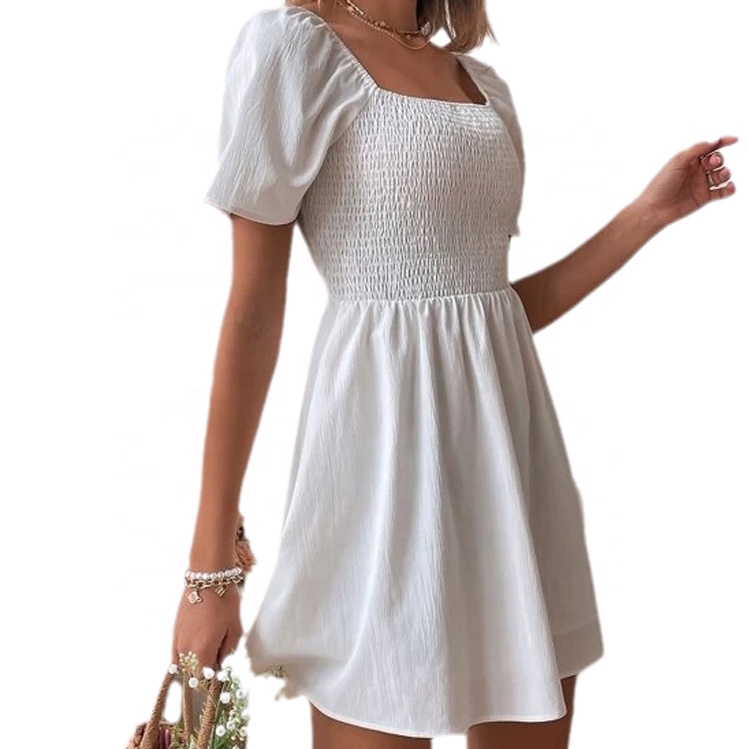 Custom Latest Designer High Quality Fashion Summer A-line Shirred Ruffle Hem White Puff Sleeve Ruched Mini Women Dress 2022 