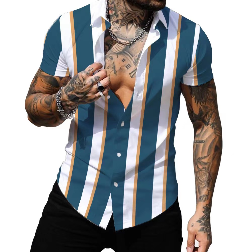3d Printed Fashion Striped Men&#39;s Shirt Summer Casual T-shirt Hawaiian Polo Shirt Beach Holiday Button Up Men&#39;s Clothing 