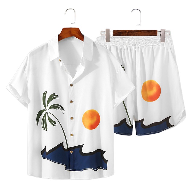 2024 Printed Streetwear Men Sets Short Sleeve Lapel Casual Shirt Beach Shorts Summer Vacation Hawaiian Suits Men 