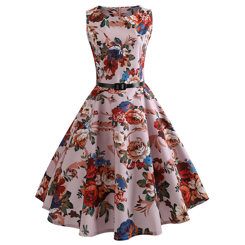 All Over Flower Print Sleeveless Retro Swing Skirt 70s Lady Vintage Dress 