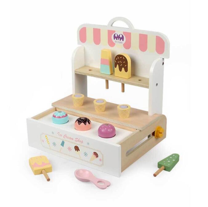 Children&#39;s Kitchen Toys Wooden Ice Cream Counter Pretend Play Toys For Kids Role Play Wooden Food Games Gift For Boy And Girl 