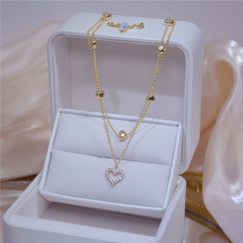 Gold Plated Double Layer Necklace Heart Shaped Rhinestone Pendant Necklace Jewelry 
