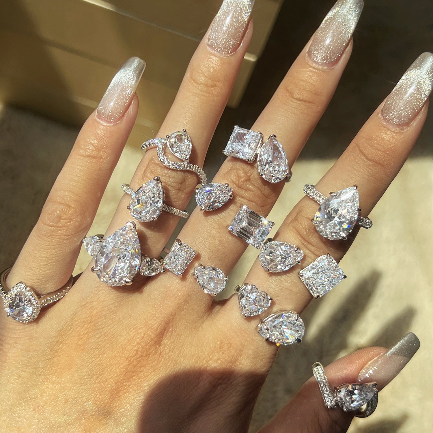 Kardashian Custom Non Tarnish Baguette S925 Silver Jewelry Diamond Wedding Ring Open Adjustable Engagement Rings Jewelry Women 