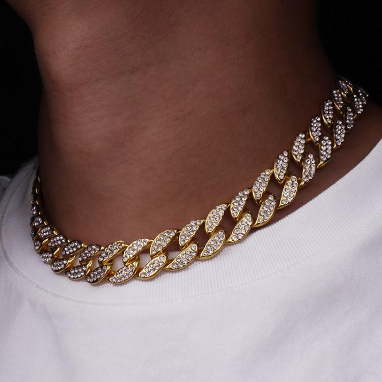 Bling Rhinestone Golden Finish Miami Cuban Link Chain Necklace Men&#39;s Hip Hop Necklace Jewelry 