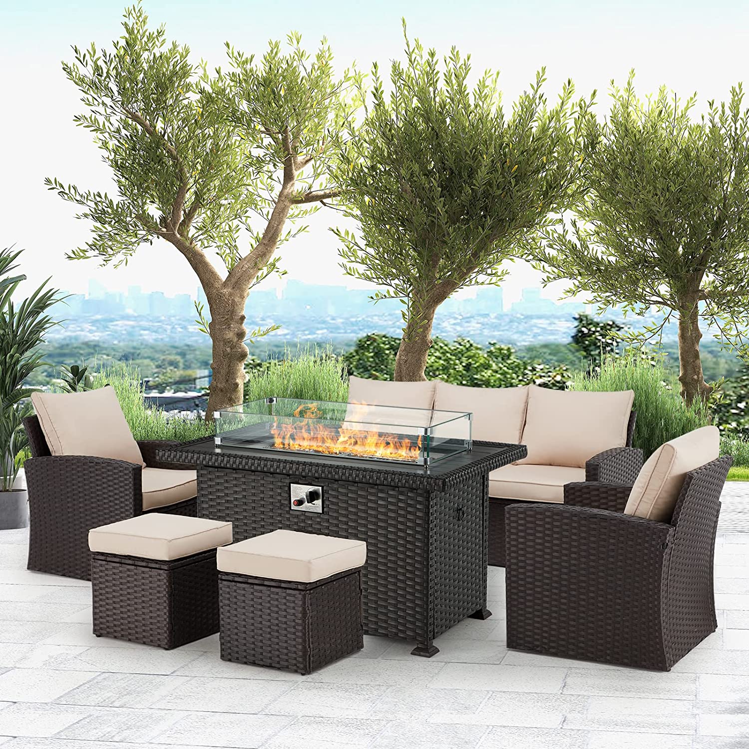 Outdoor Furniture Corner Patio Rattan Outdoor Sofa Set 7 Seater Fire Pit Garden Sofas Set Furniture With Fire Pit 
