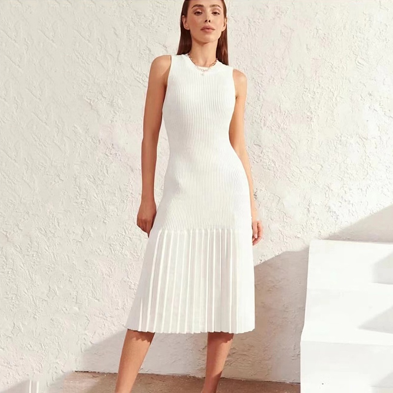 Knitwear Manufacturer Custom Spring Summer White Crew Neck Sleeveless Pleated Women&#39;s Knit Sweater Dress 
