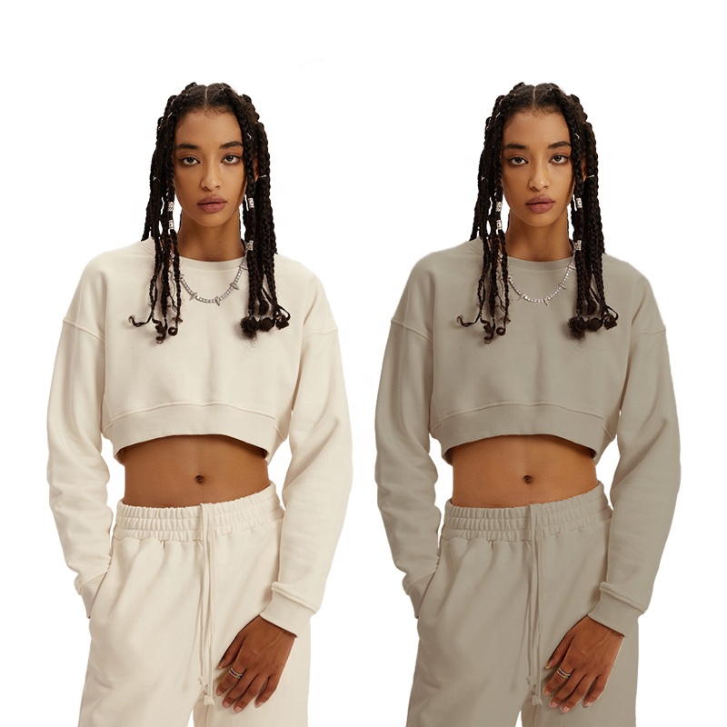 Cropped Crew Neck Long Sleeve Thick Sweatshirt For Women Cotton Set Custom With Printed Logos Women&#39;s Clothing 