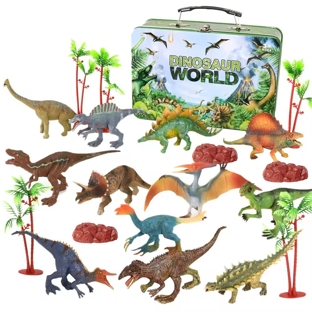 Dinosaurio Juguetes 12pcs Mixed Kids Gift Solid 7&#39; Pvc Plastic Dinosaur Toy In Tin Portable Box 