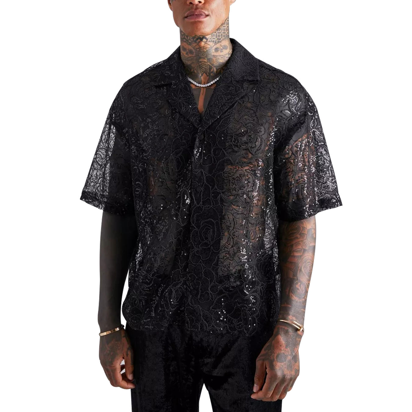 Plus Size Men&#39;s Shirts Texture Button Up Sheer Floral Lace Oversized Men Shirt Custom Short Sleeve Camisas Para Hombre 